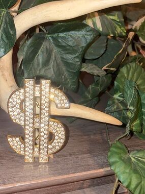 Women’s Gold Rhinestone Dollar Sign Belt Buckle, Bling Statement Accessory